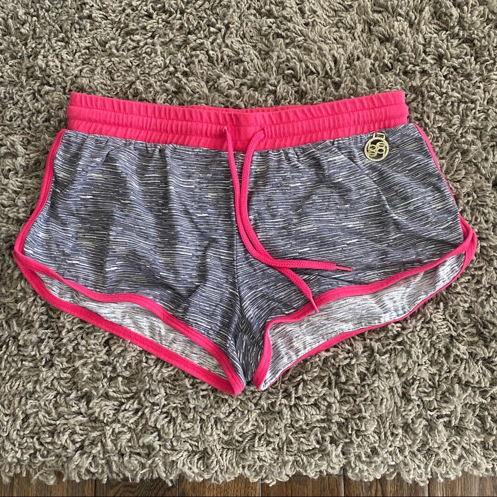 Bebe pink and grey rhinestone booty gym shorts